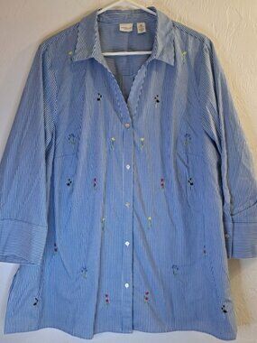 Westbound Woman 2x Blue Wht Stripe Floral Button Back & Front FLAW Spring Casual